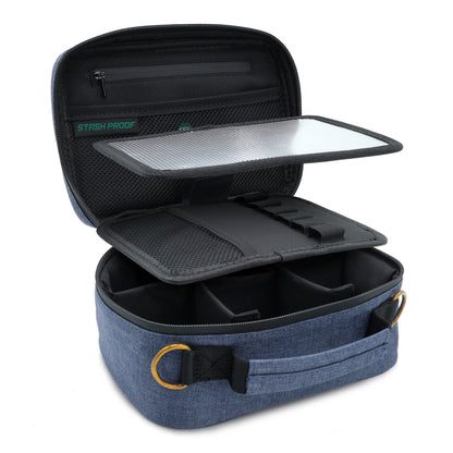 Blue and black carrying case showing removable organizer and divided interior on a white background