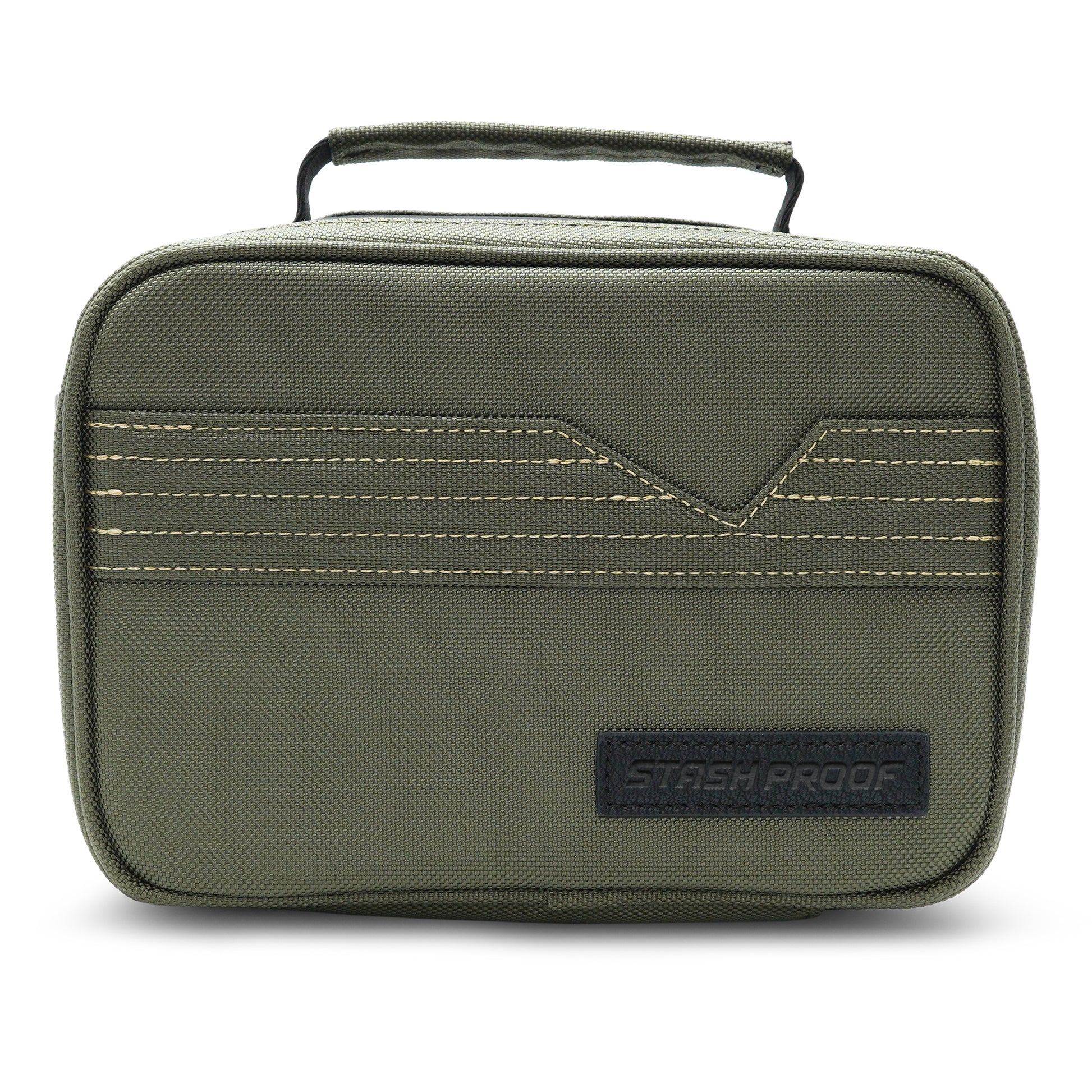 Green Stash Pack  travel case with handle on a white background