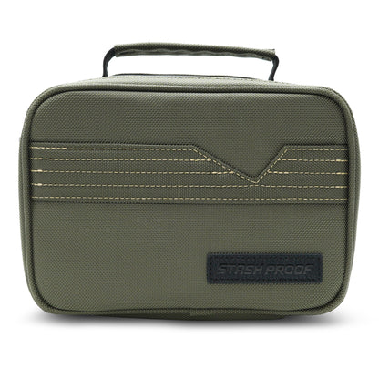 Green Stash Pack  travel case with handle on a white background