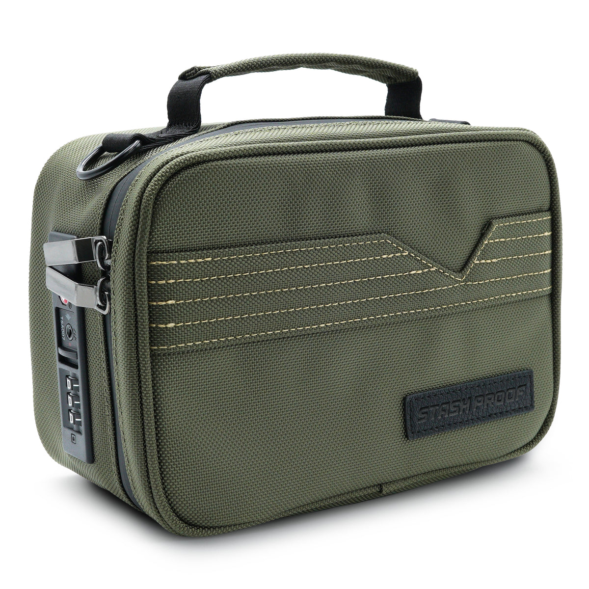 Olive green Stash Pack compact storage case with black hardware and a built-in combination lock