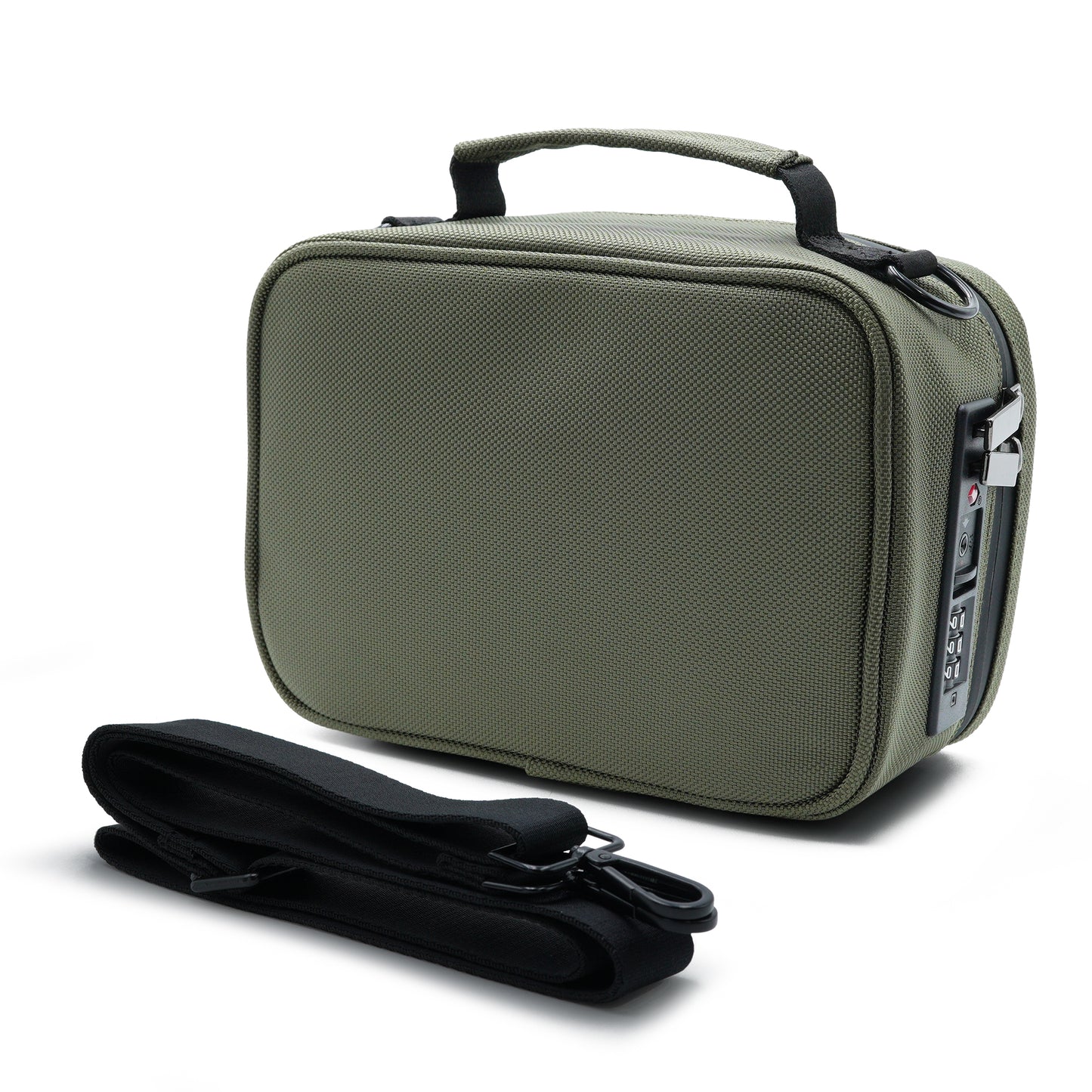 Green Stash Pack  travel case with a black strap on a white background