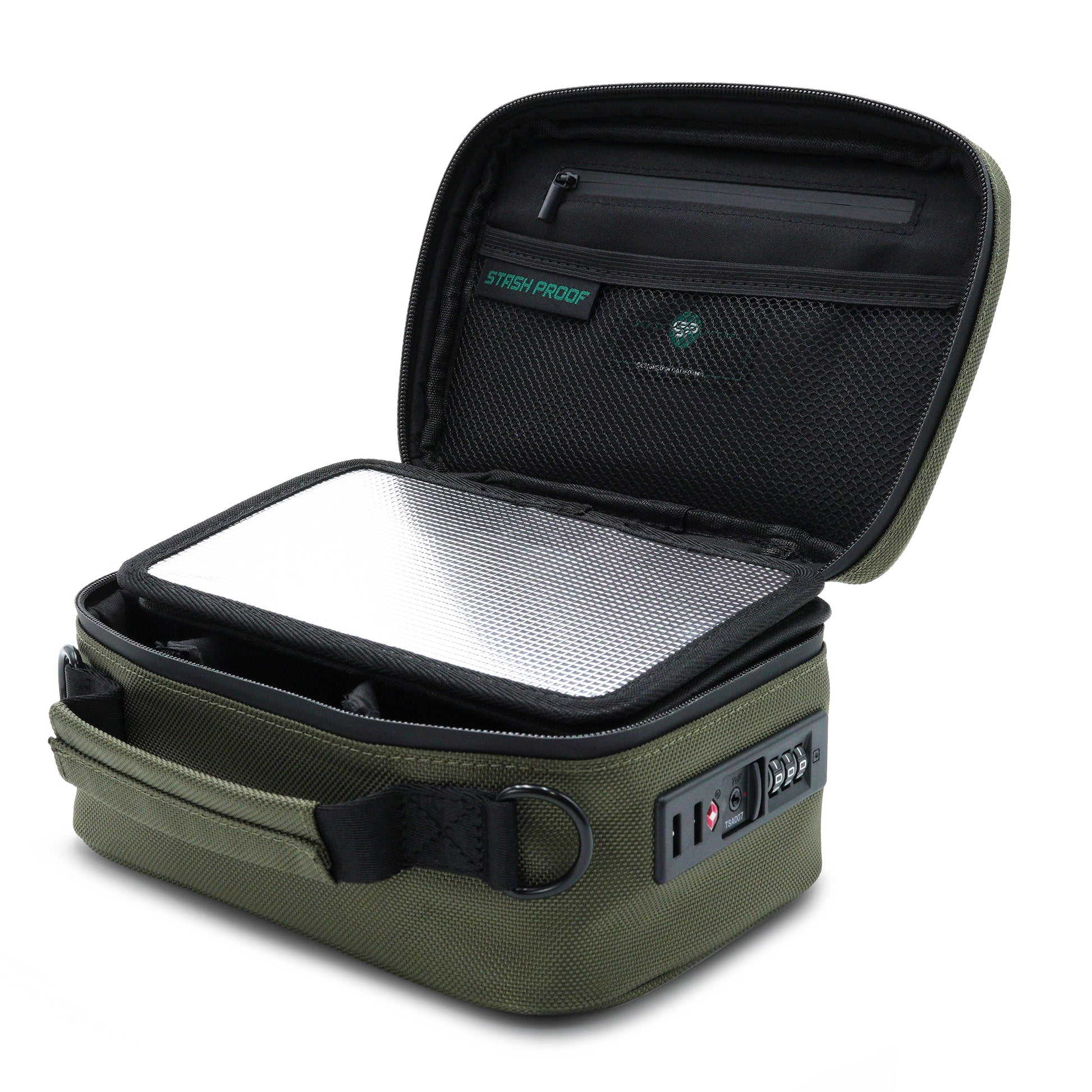 Green Stash Pack travel case with open lid on a white background