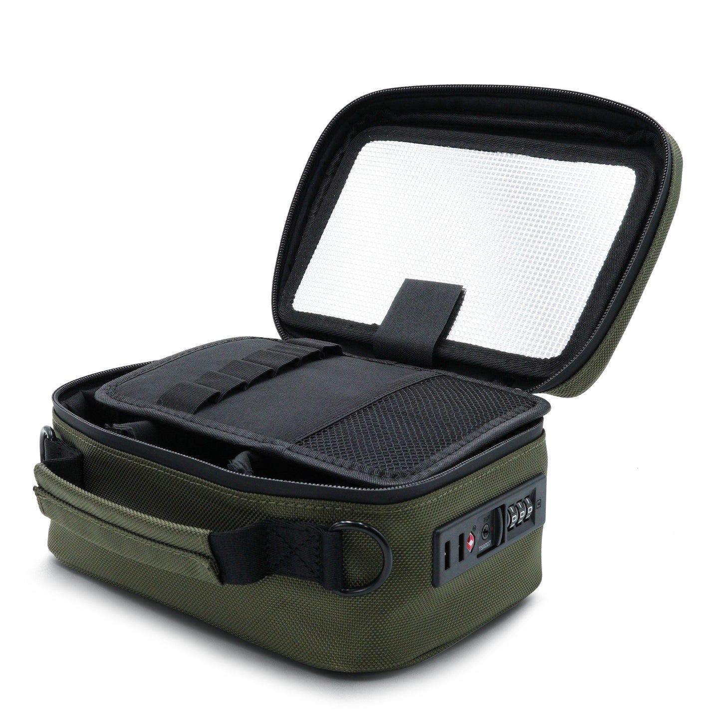Black and green Stash Pack  travel case with open lid on a white background