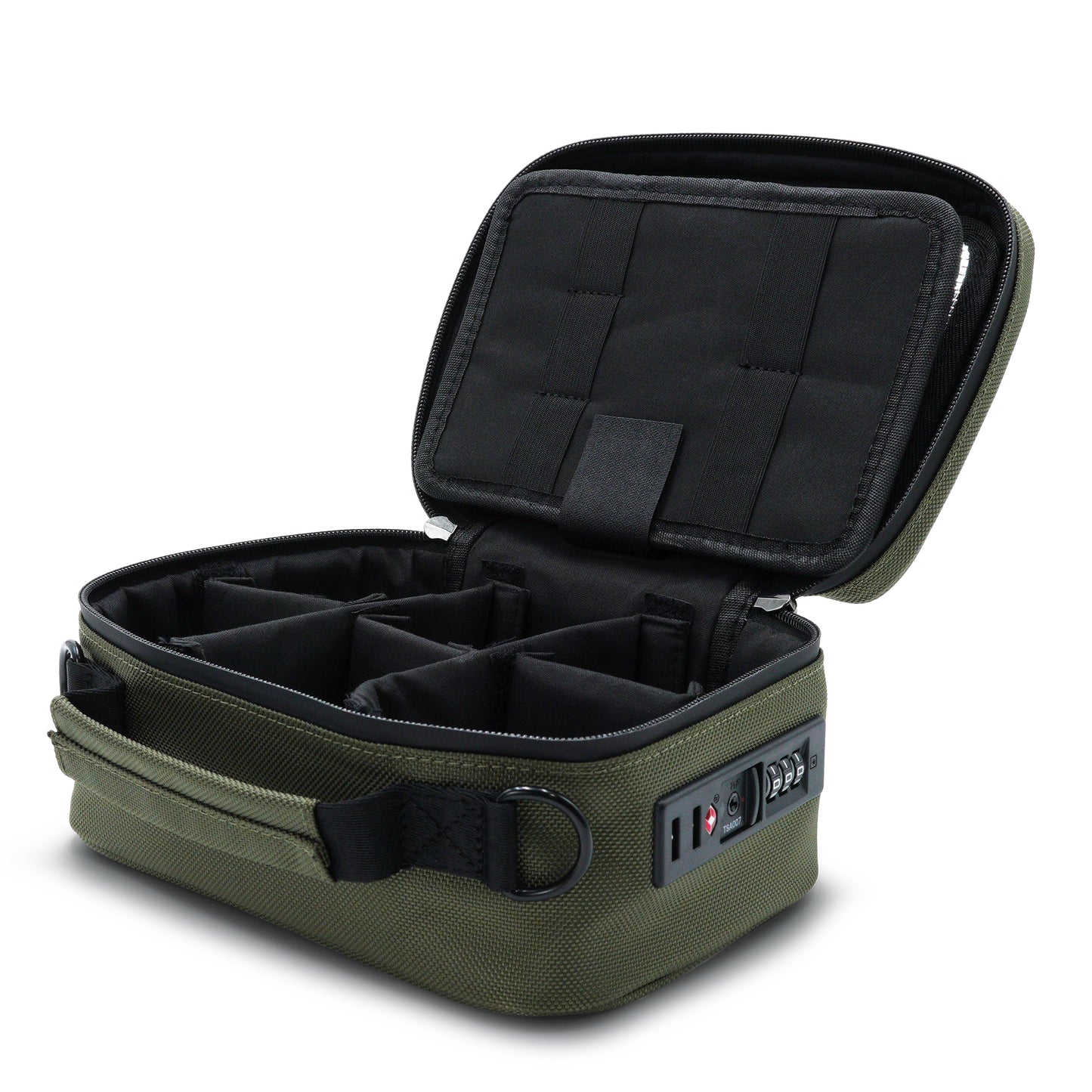 Green Stash Pack  travel case with black interior and removable dividers on a white background 
