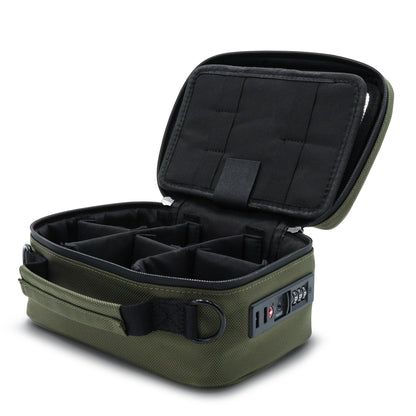 Green Stash Pack  travel case with black interior and removable dividers on a white background 