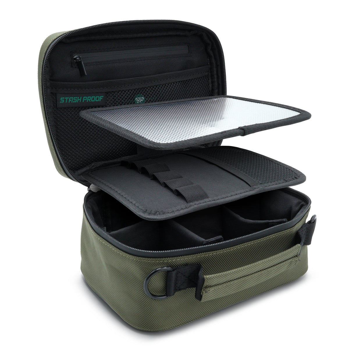 Open olive green Stash Pack showing the detachable reflective tray, removable gear panel, pockets, and adjustable dividers