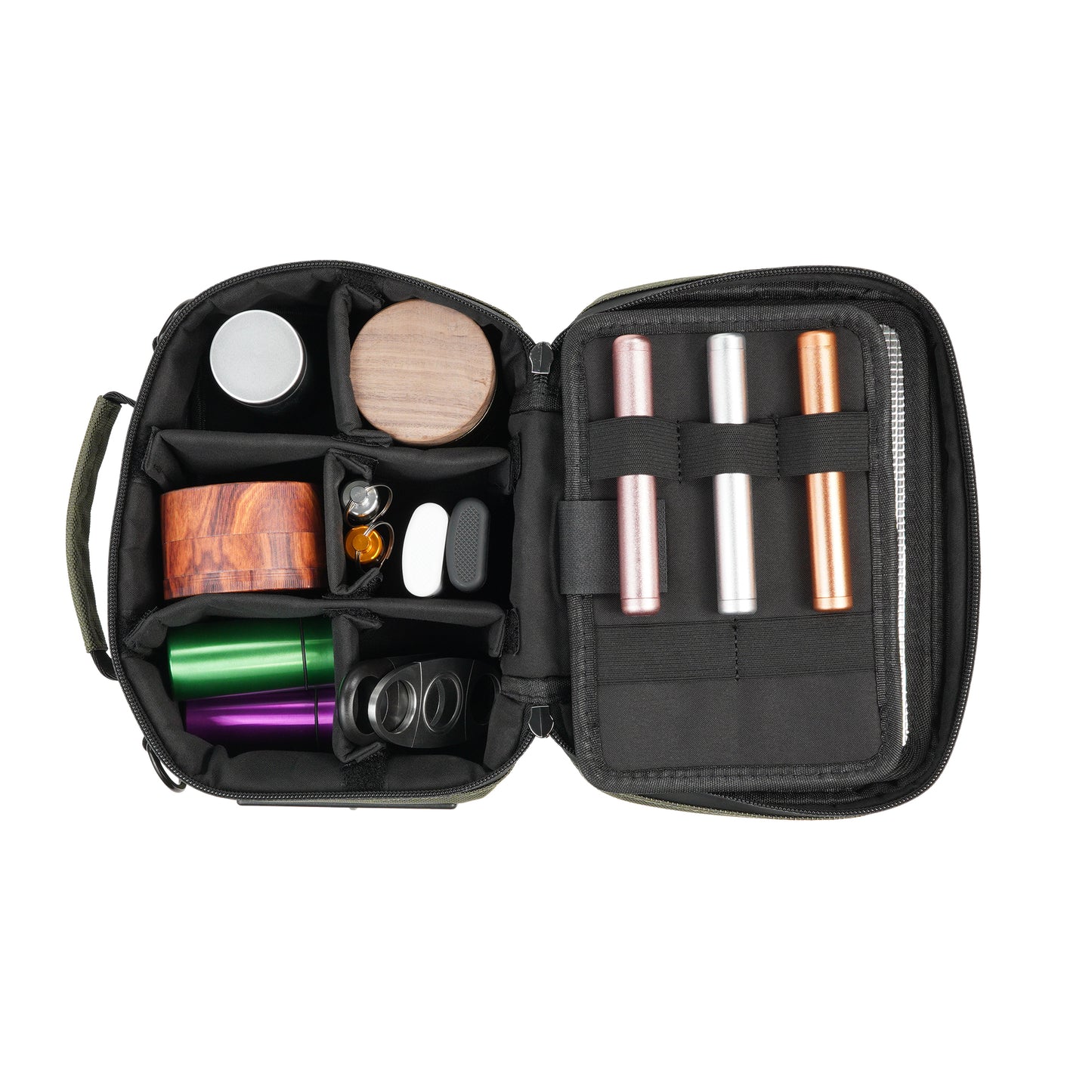 Green travel case with various items including bottles and containers on a white background