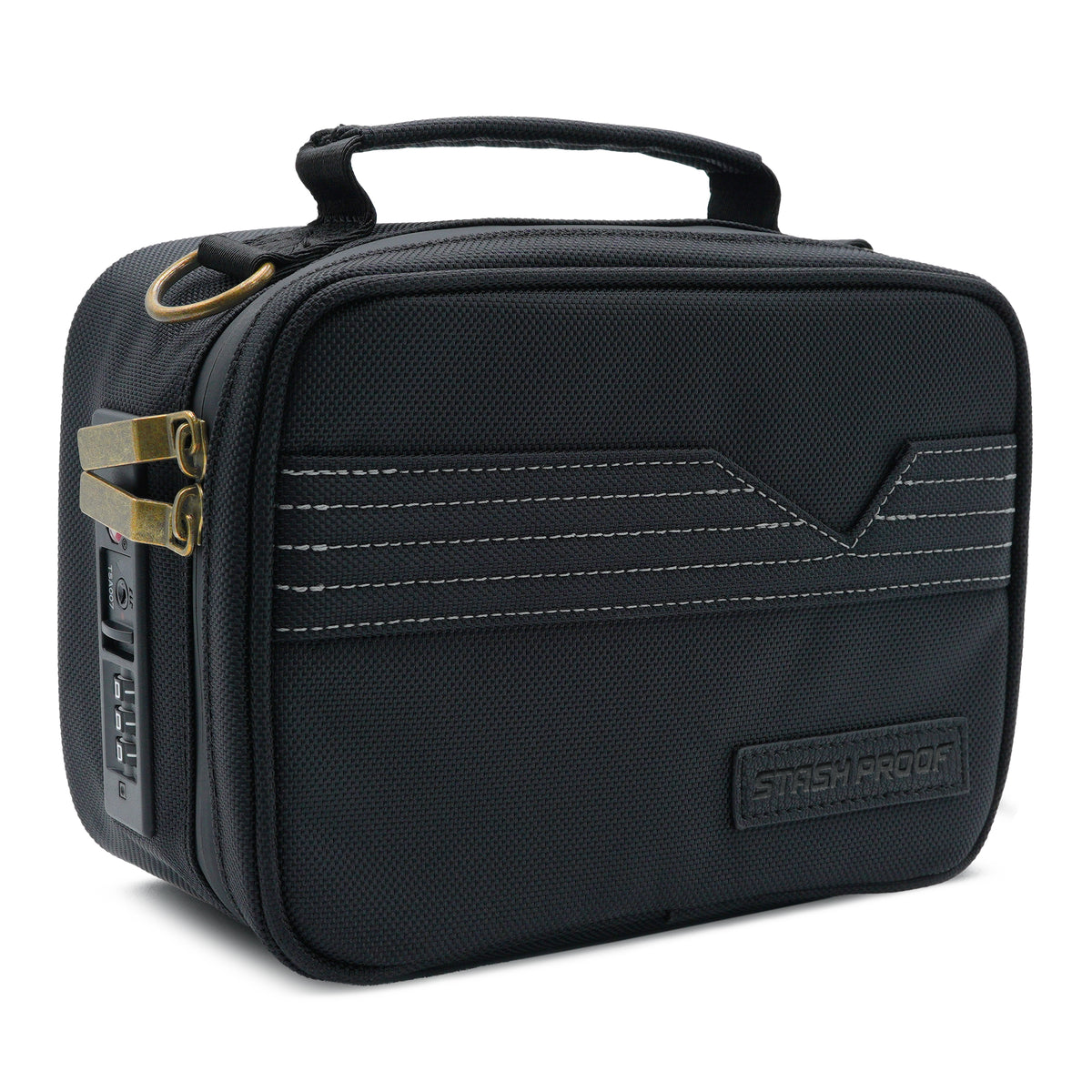 Black Stash Pack compact storage case with brass hardware and a built-in combination lock