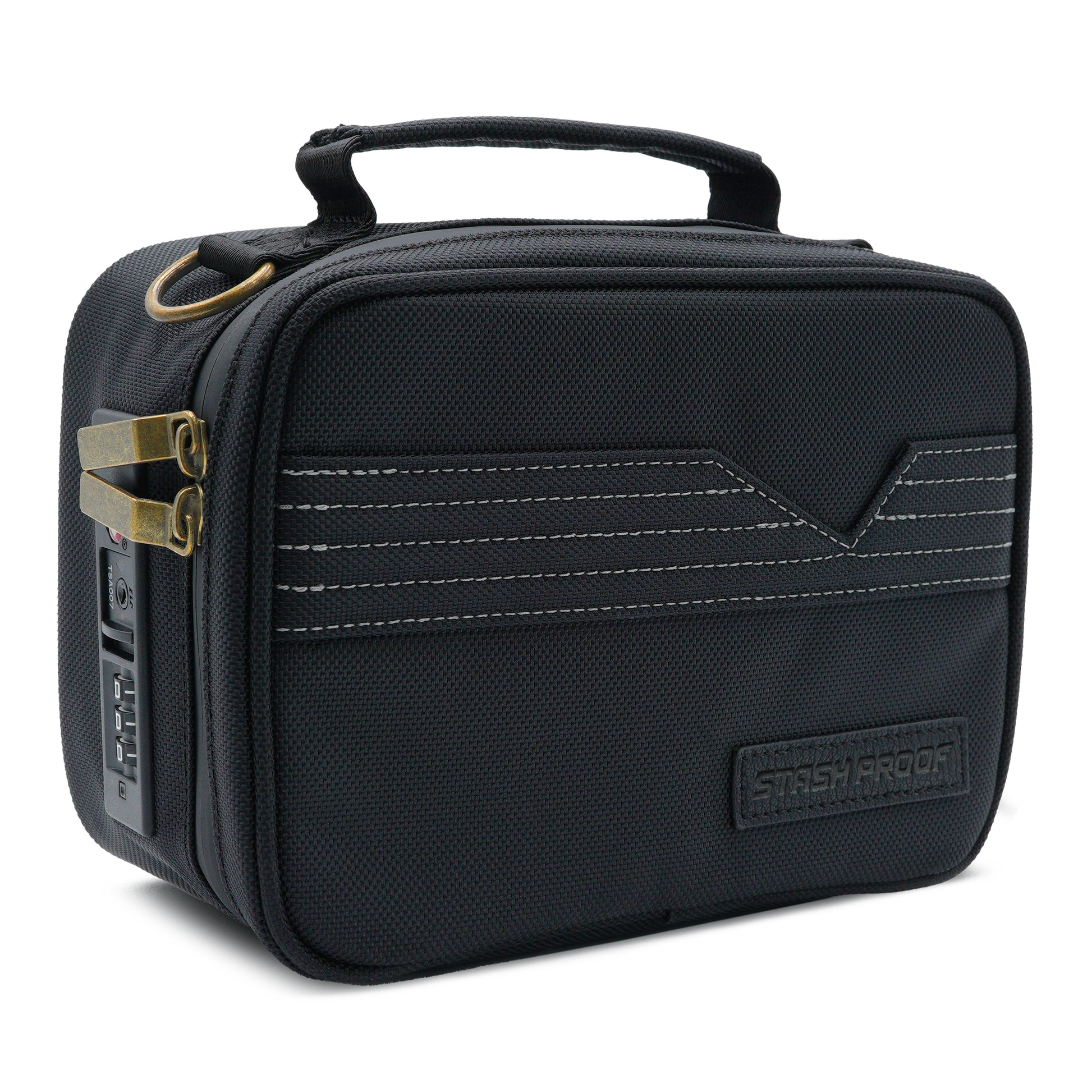 Black Stash Pack case with brass accents on a white background