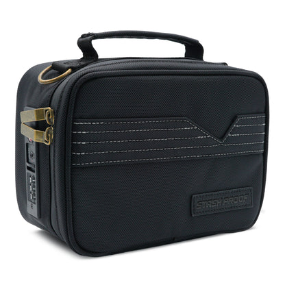 Black Stash Pack case with brass accents on a white background