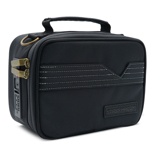 Black Stash Pack case with brass accents on a white background