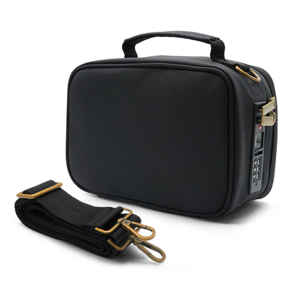 Black travel case with a strap on a white background
