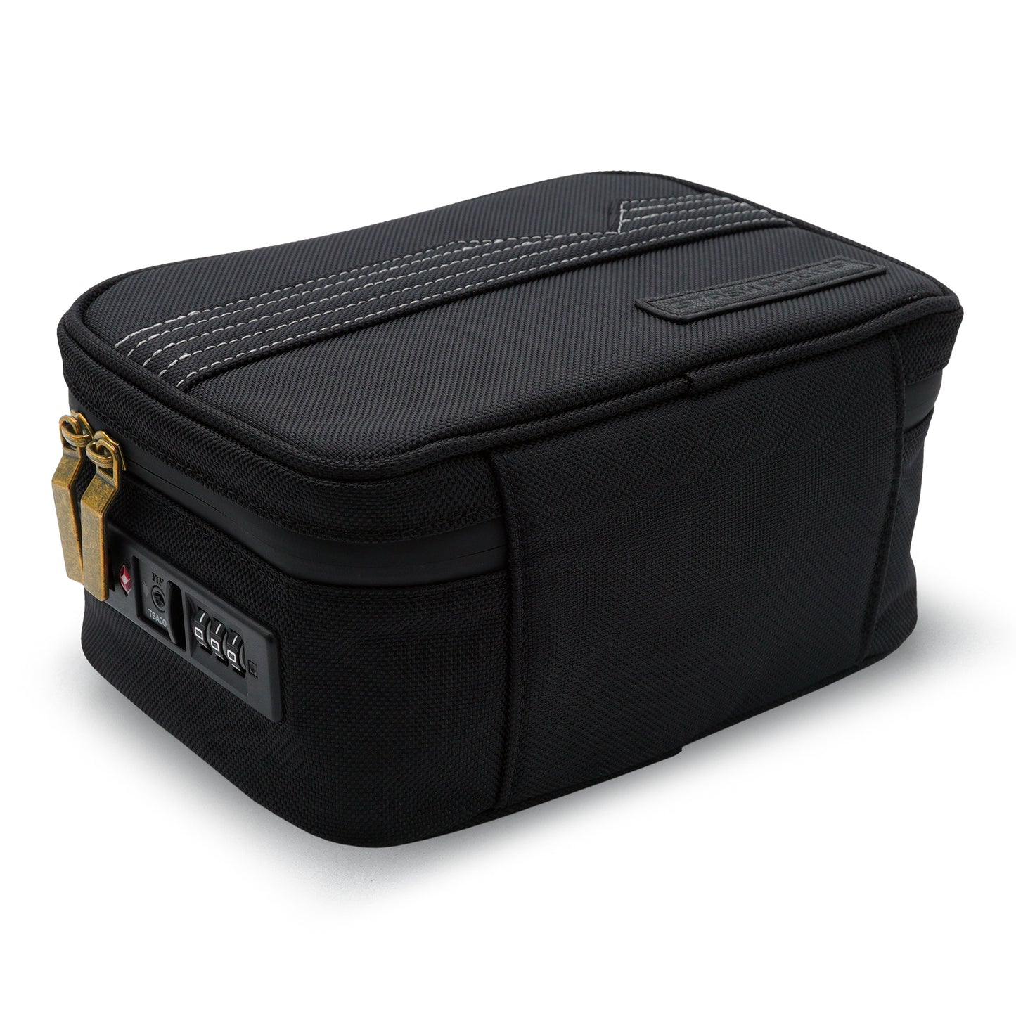 Black Stash Pack bag with gold zipper on a white background