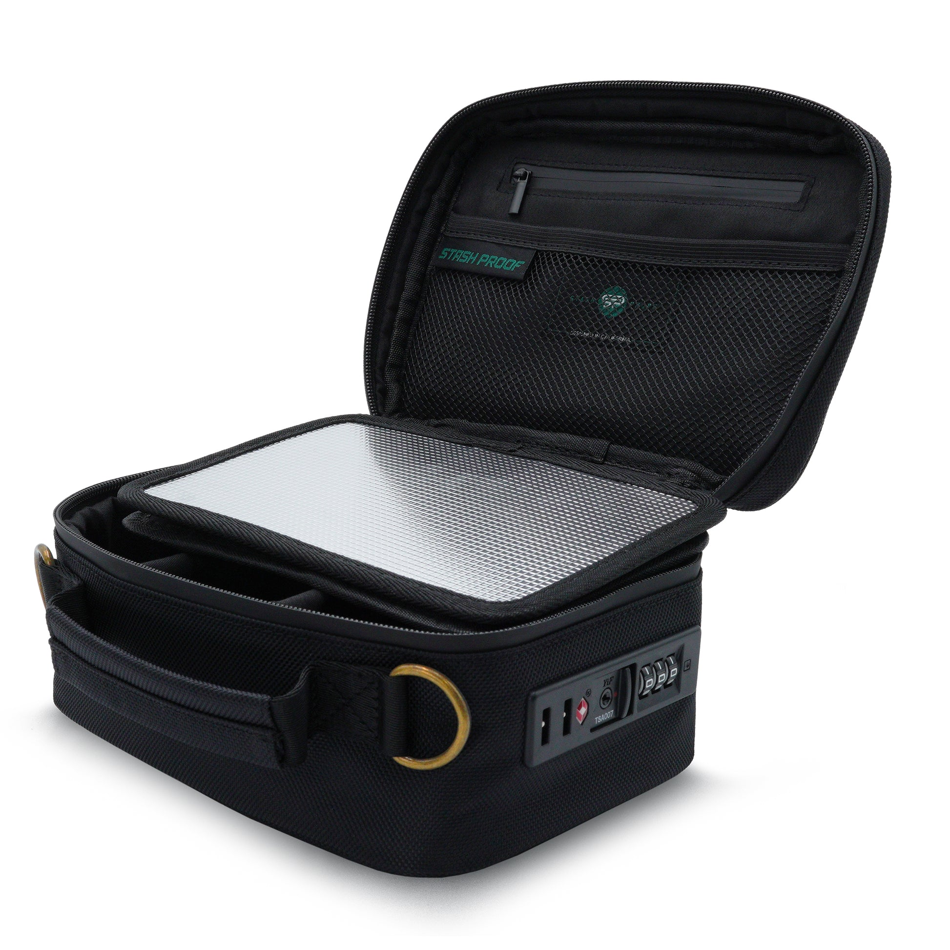 Black Stash Pack travel case with open lid on a white background