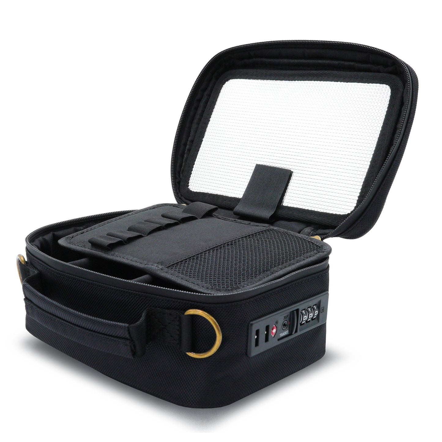 Black Stash Pack travel case with open lid on a white background