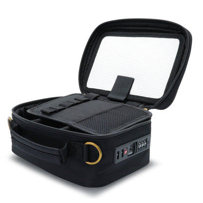 Black Stash Pack travel case with open lid on a white background
