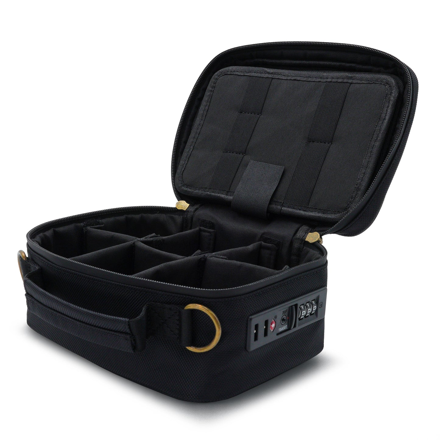 Stash Proof travel case with compartments and power outlets on a white background