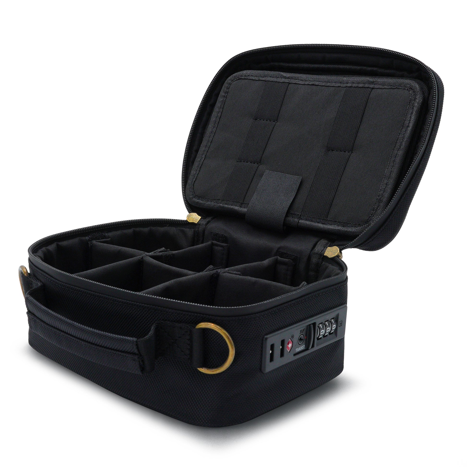 Stash Proof travel case with compartments and power outlets on a white background