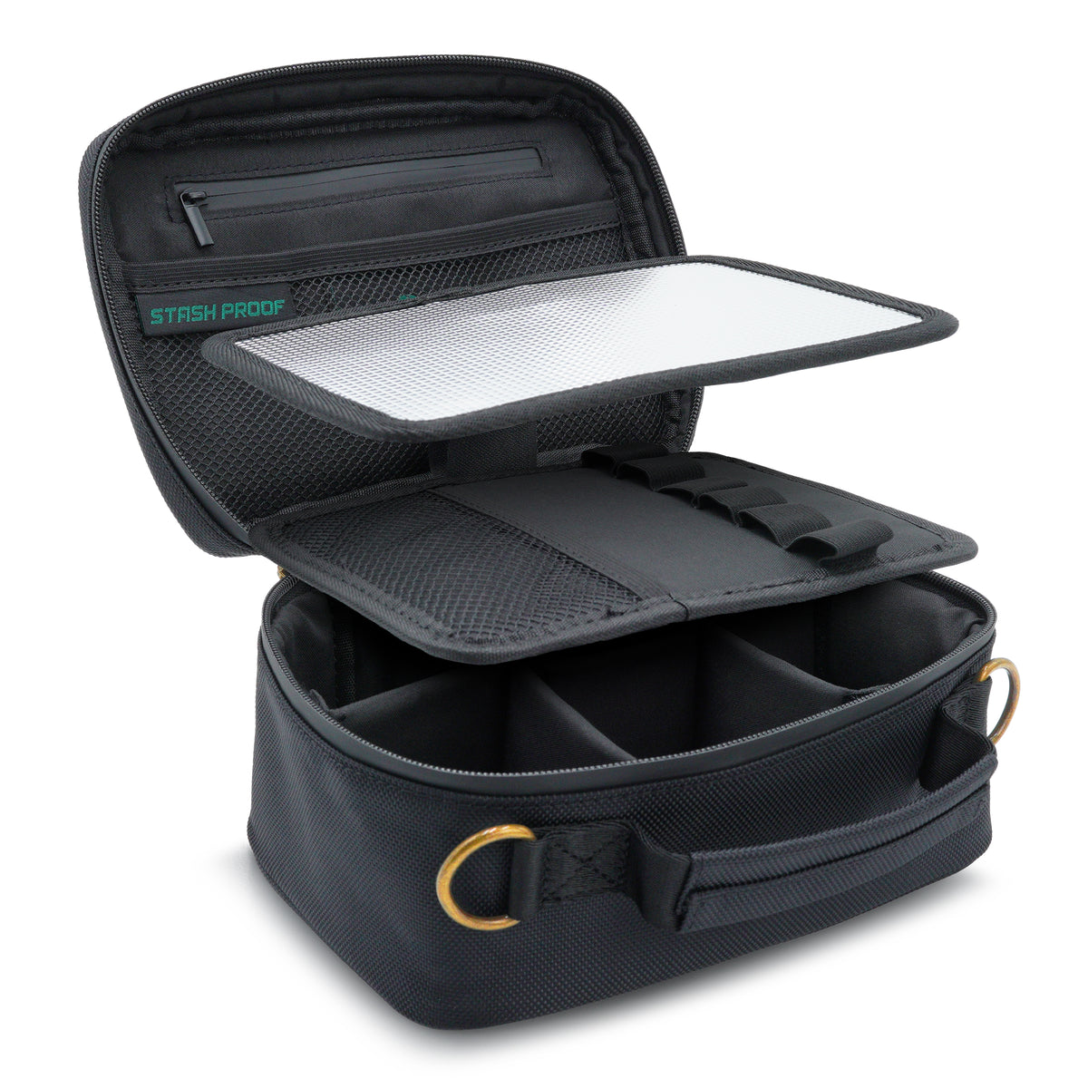 Open black Stash Pack showing the detachable reflective tray, removable gear panel, pockets, and adjustable dividers
