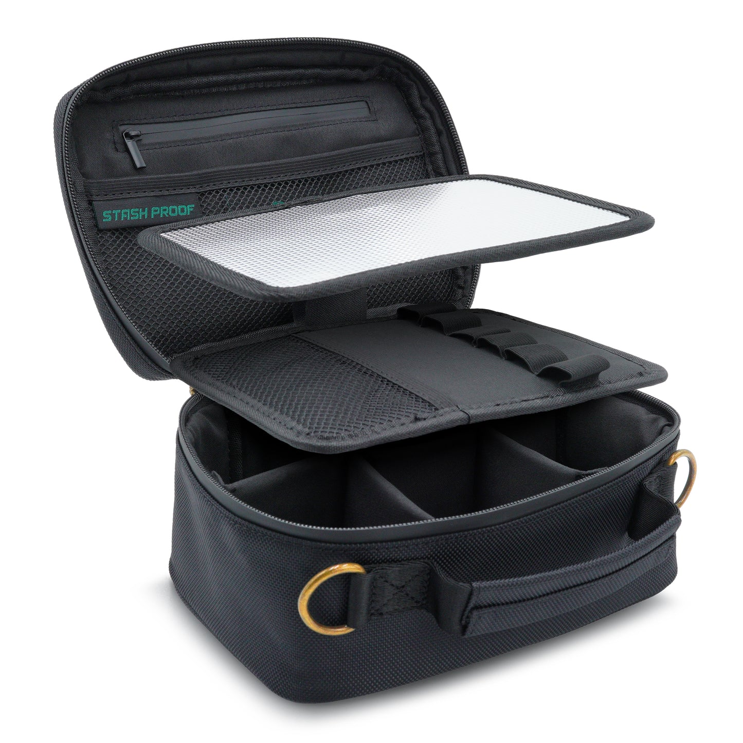 Black Stash Pack travel case with open lid showing removable organizers on a white background
