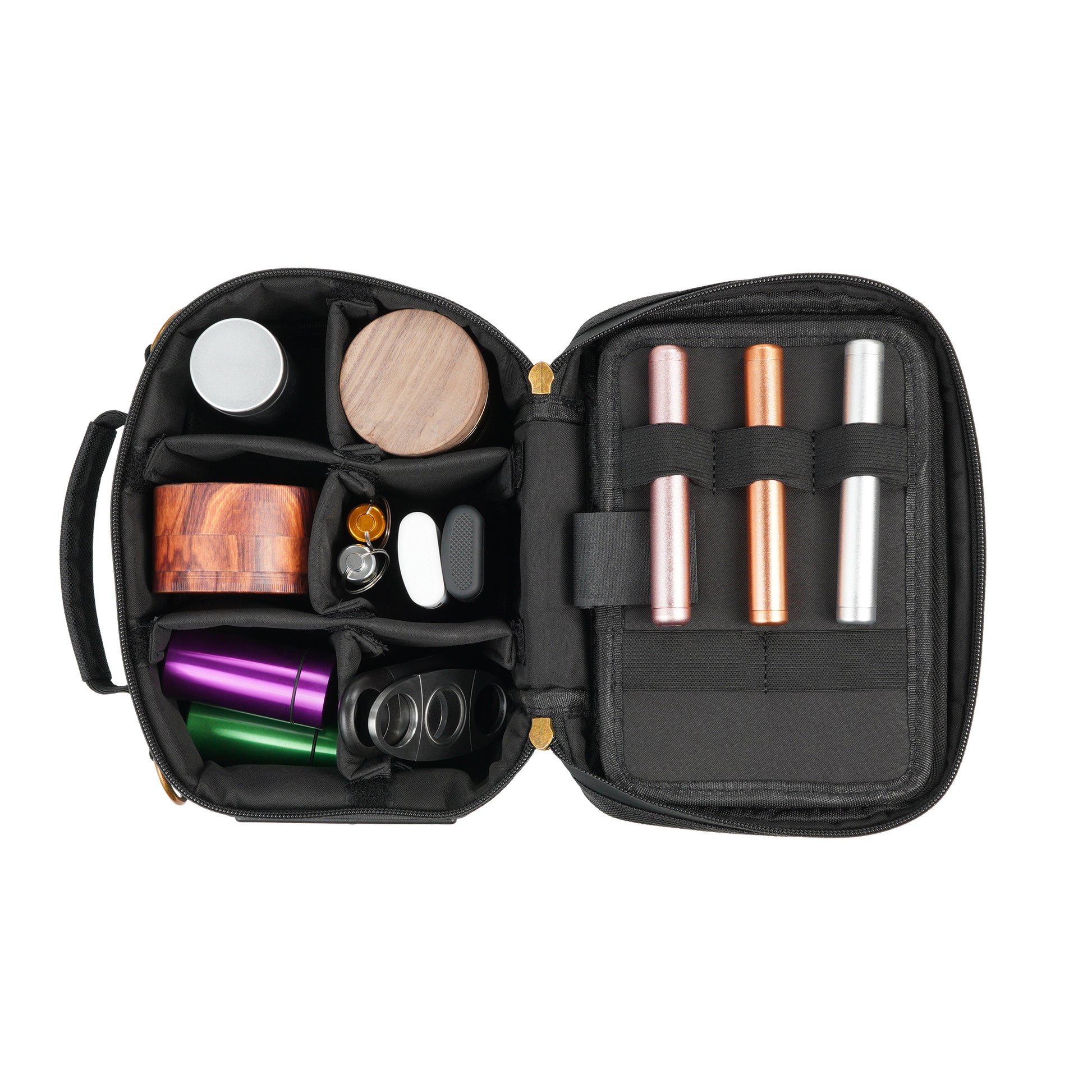 Black travel case with various items including bottles and containers on a white background