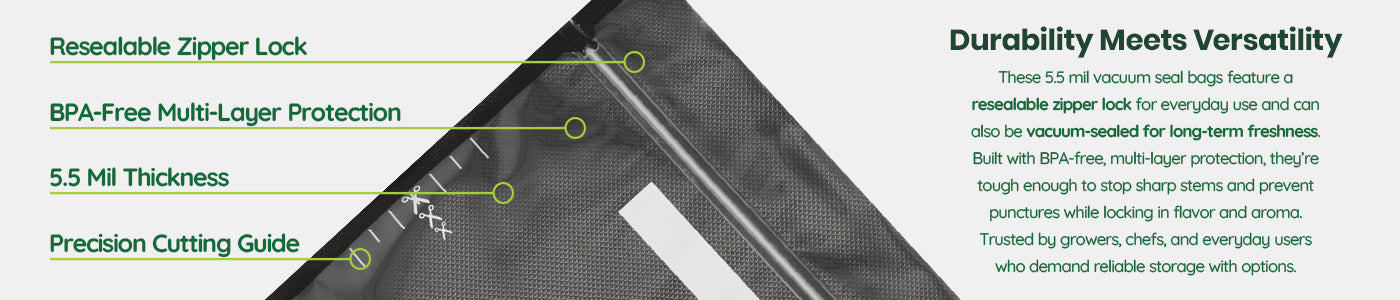 11 by 12 Storage bag with text that reads resealable zipper lock, 5.5 mil thickness, precision cutting guide, and BPA free