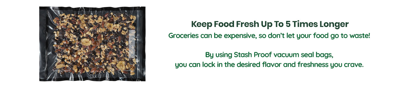 11 by 16 zipper Vacuum seal bag with text about extending food freshness and saving money on groceries.