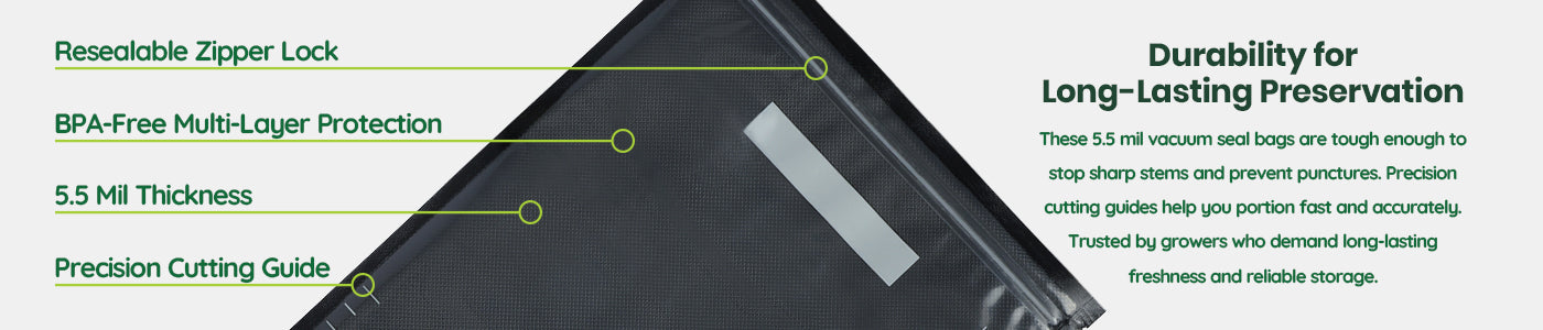 11 by 24 zipper Vacuum seal  bag with durability features BPA free, 5.5 Mil thickness, and precision cutting guide on beige background