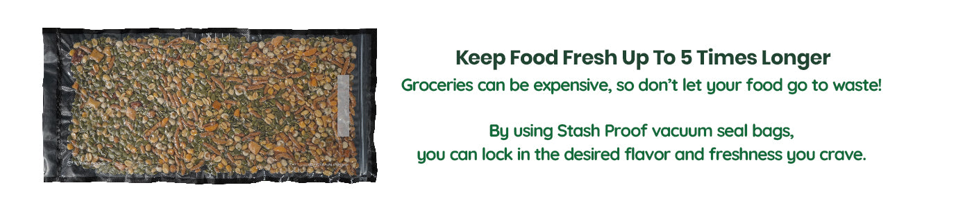 1 by 24 zipper Vacuum seal bag with text about extending food freshness and saving money on groceries.