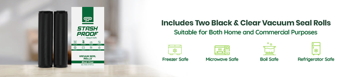 Vacuum seal rolls with packaging on a light background with text that reads freezer safe, microwave safe, boil safe, and refrigerator safe