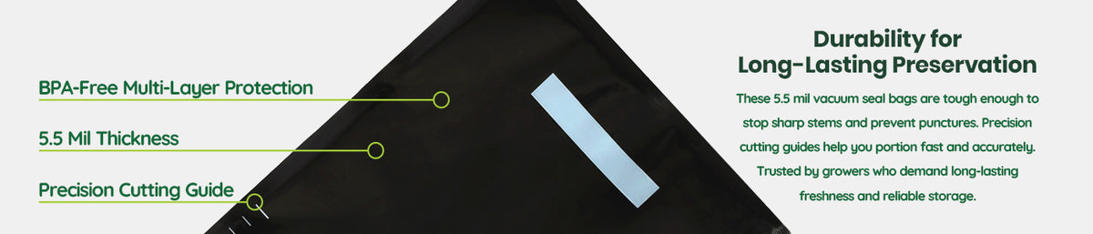 Product packaging with text highlighting features like BPA-free multi-layer protection, durability for long-lasting preservation, and precision cutting guide.