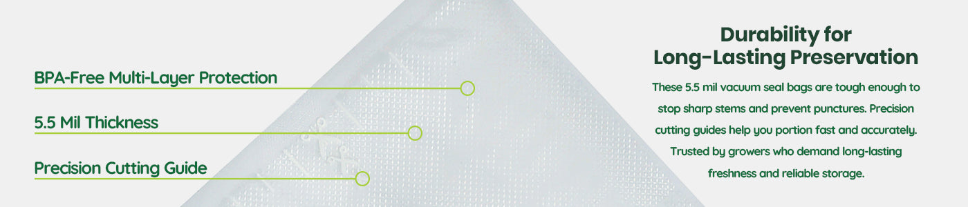 11 by 50 foot clear Vacuum seal roll with durability features BPA free, 5.5 Mil thickness, and precision cutting guide on white background