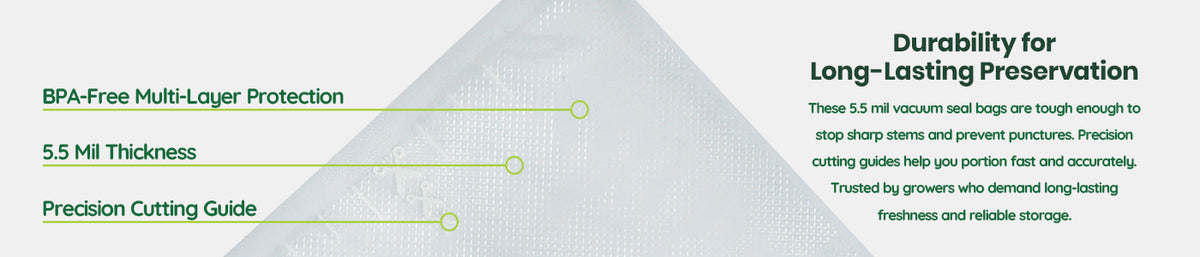 11 by 50 foot clear Vacuum seal roll with durability features BPA free, 5.5 Mil thickness, and precision cutting guide on white background