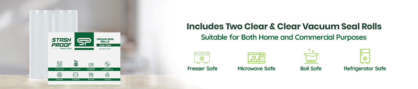 Vacuum seal roll packaging with green and white design with text that reads freezer safe, microwave safe, boil safe, and refrigerator safe