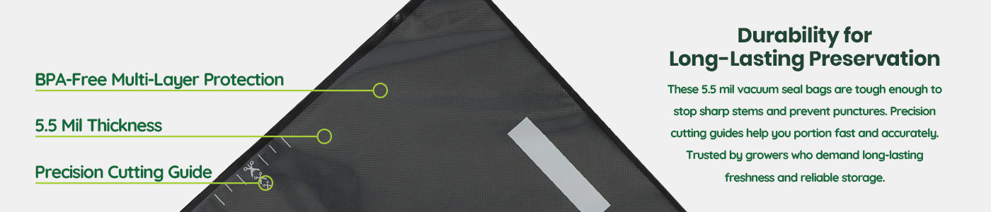 15 by 20 Vacuum seal bag with durability features BPA free, 5.5 Mil thickness, and precision cutting guide on beige background