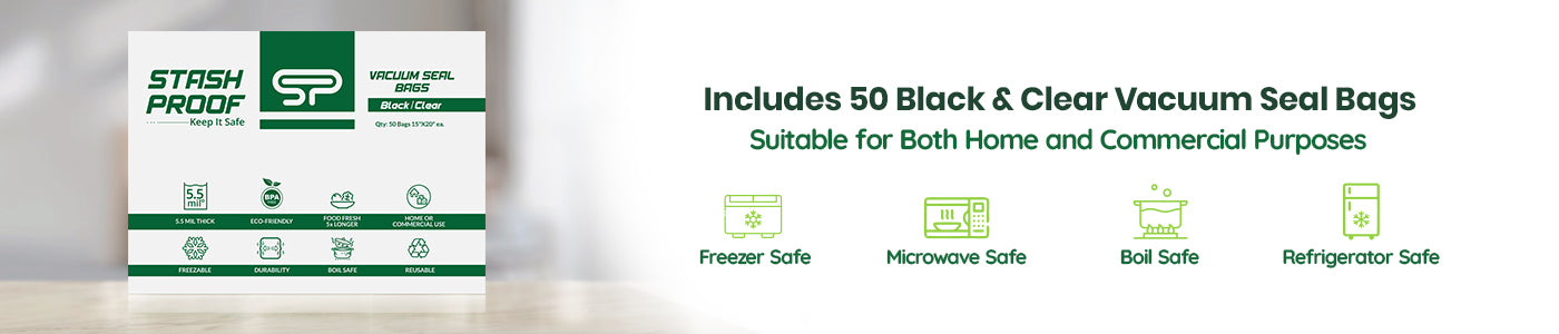 
Box of 11 by 50 all black vacuum seal bags with text that reads freezer safe, microwave safe, boil safe, and refrigerator safe