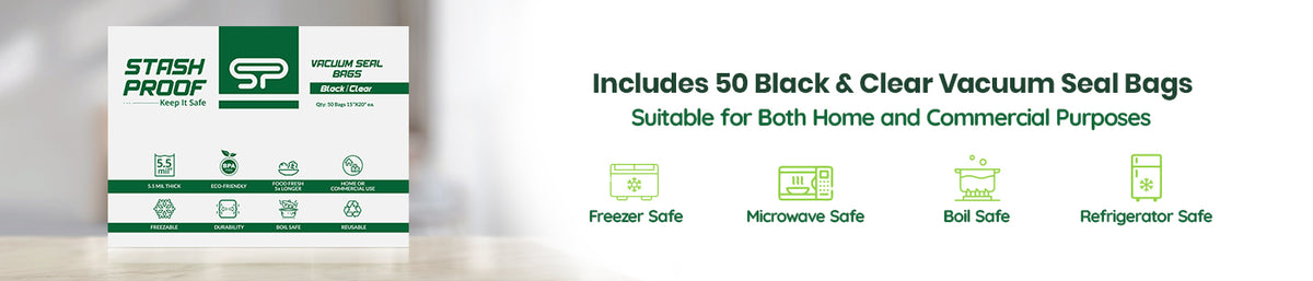 
Box of 11 by 50 all black vacuum seal bags with text that reads freezer safe, microwave safe, boil safe, and refrigerator safe