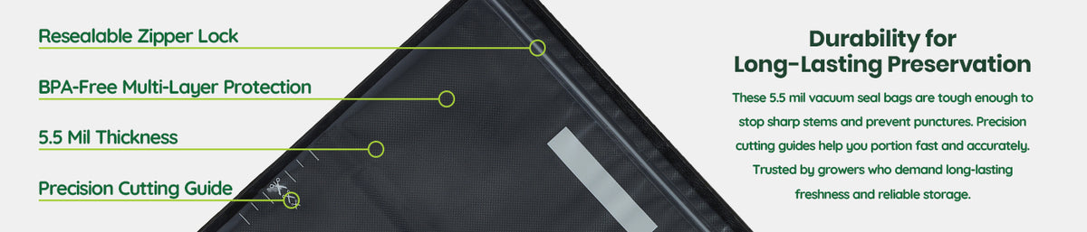 15 by 20 Vacuum seal bag with durability features BPA free, 5.5 Mil thickness, and precision cutting guide on beige background