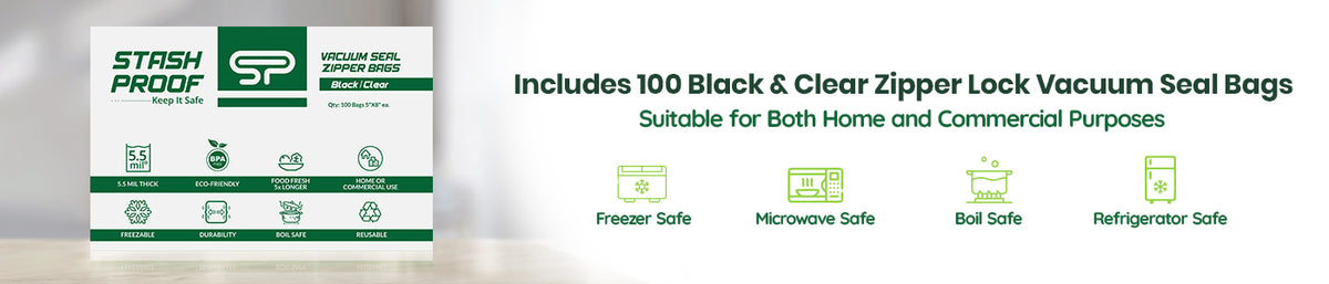 Vacuum seal bags packaging with branding and product features on a white background
