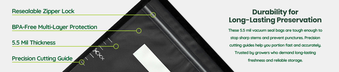 Product packaging with text detailing features like resealable zipper lock, BPA-free multi-layer protection, durability for long-lasting preservation, precision cutting guide, and 5.5 mil thickness.