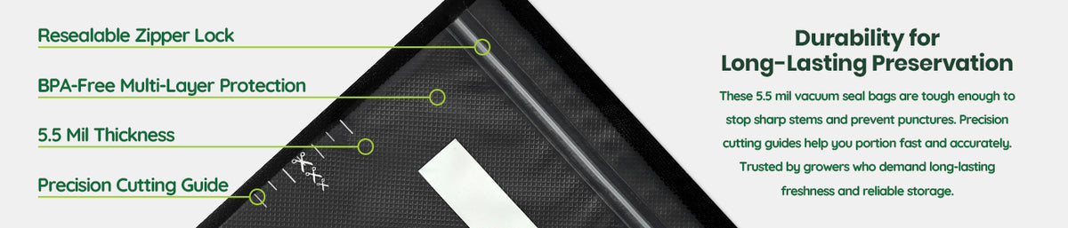 Product packaging with text detailing features like resealable zipper lock, BPA-free multi-layer protection, durability for long-lasting preservation, precision cutting guide, and 5.5 mil thickness.