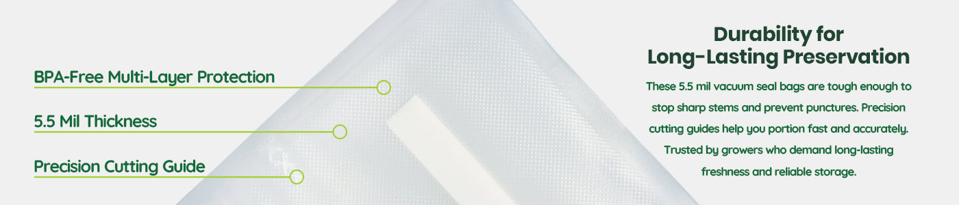 8 by 12 Vacuum sealer with text highlighting features like BPA-free multi-layer protection, 5.5 mil thickness, and precision cutting guide.