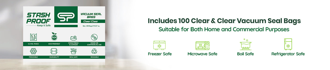 8 by 12 Box of clear vacuum seal bags with branding and product features on a white background