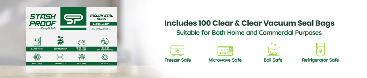 8 by 12 Box of clear vacuum seal bags with branding and product features on a white background