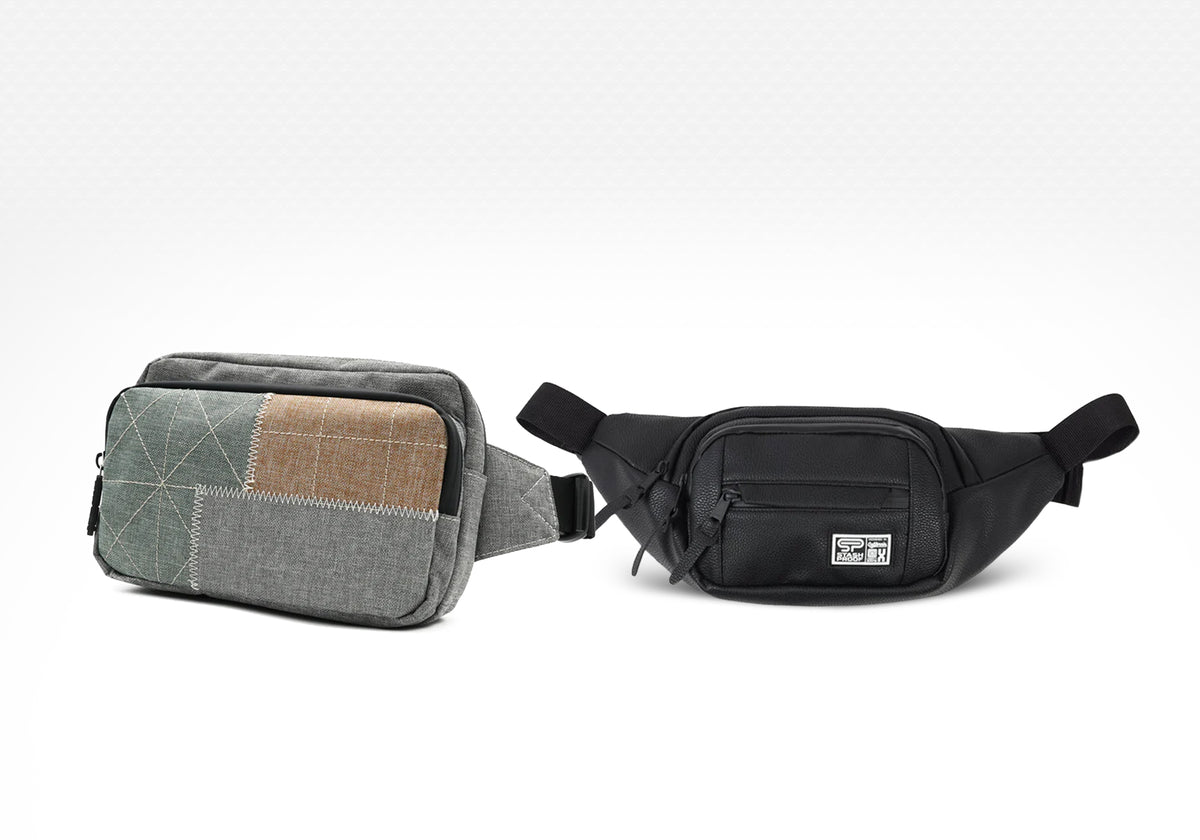 Two waist bags, one gray and one black, on a white background