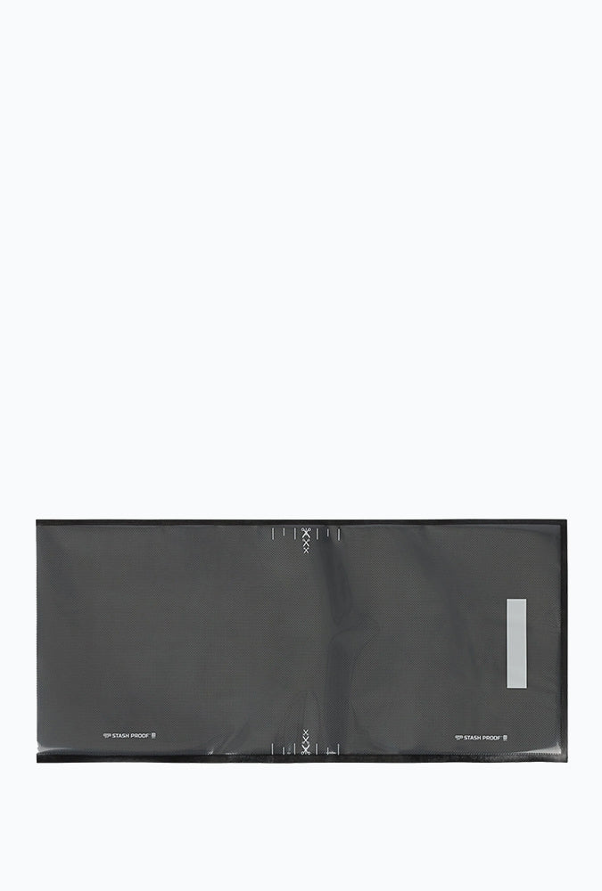 11 x 24 inch vacuum seal bag in black and clear laying on side with white background