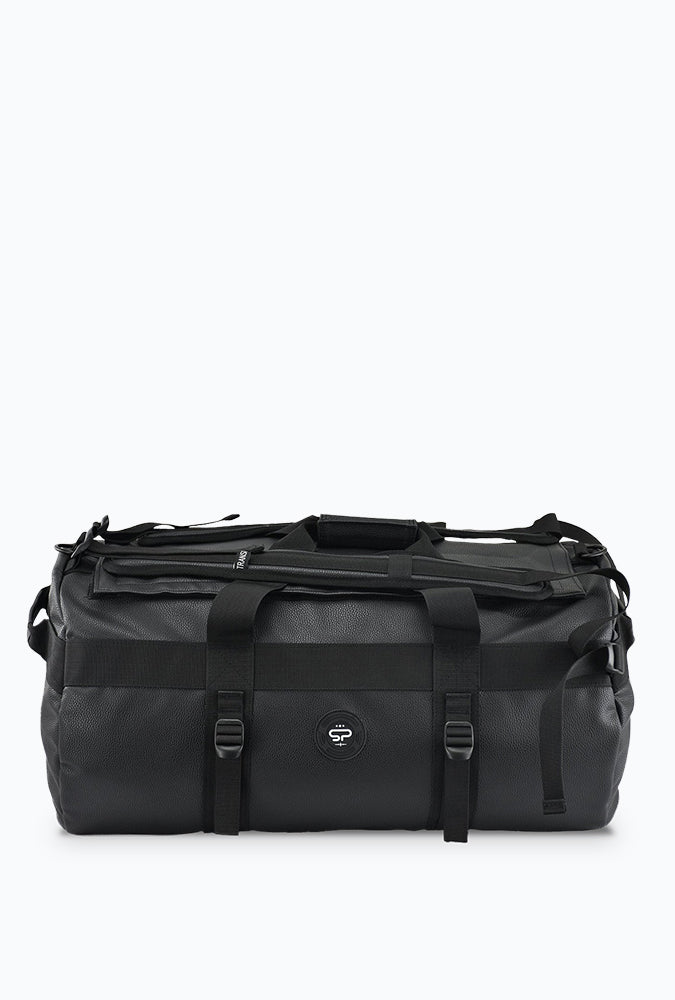 Black vegan leather carbon lined duffel bag on white background 