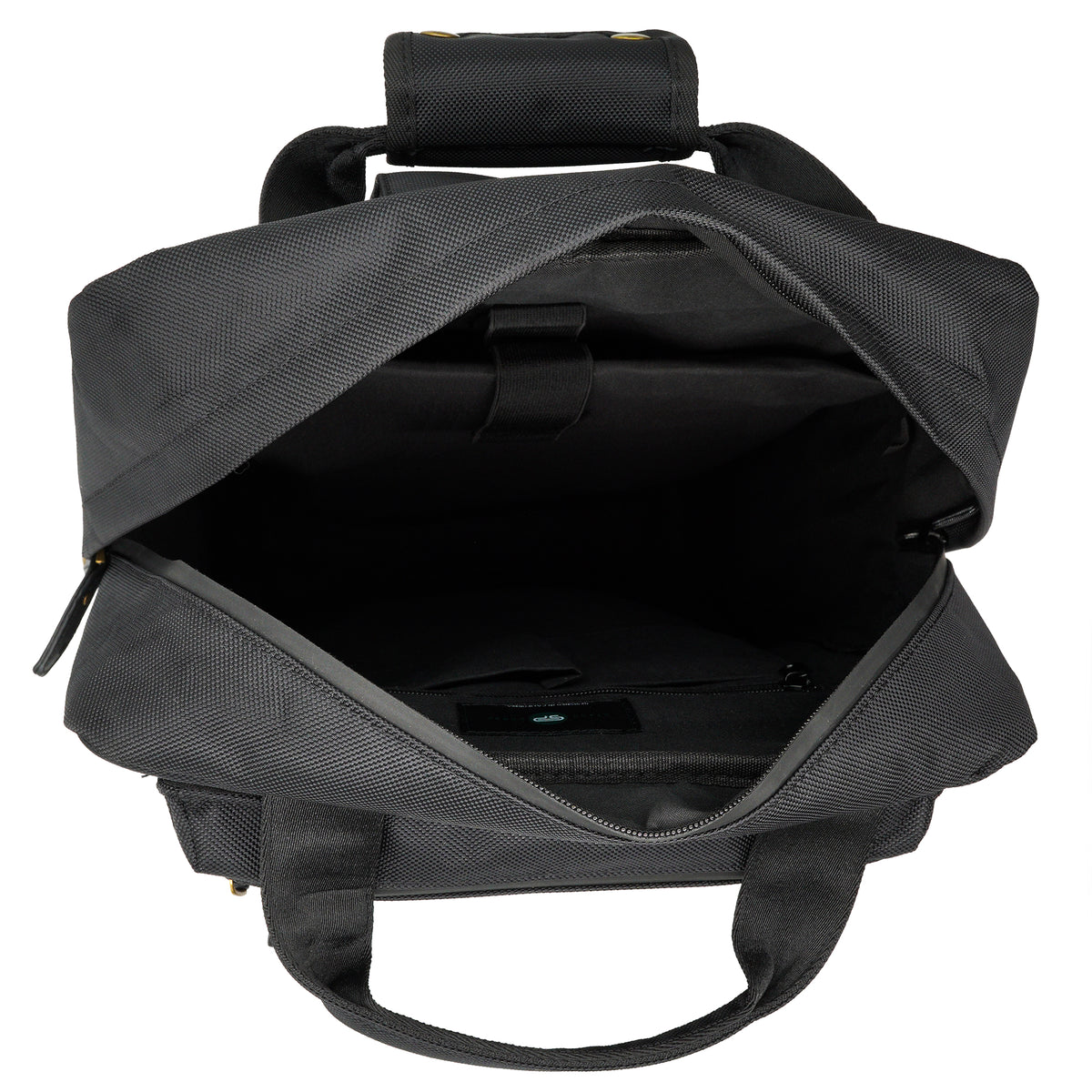 Open black Runner backpack showing the spacious main compartment, laptop sleeve, and interior organizers