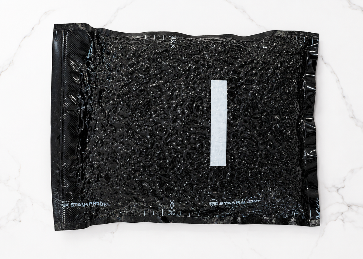 Vacuum-sealed food in a Stash Proof 5.5 mil precut vacuum seal bag