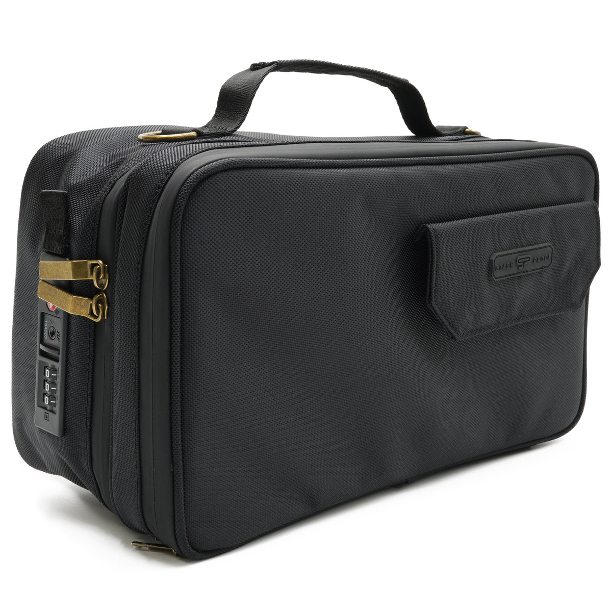 Black Stash Proof storage case with brass-finish hardware and a built-in combination lock